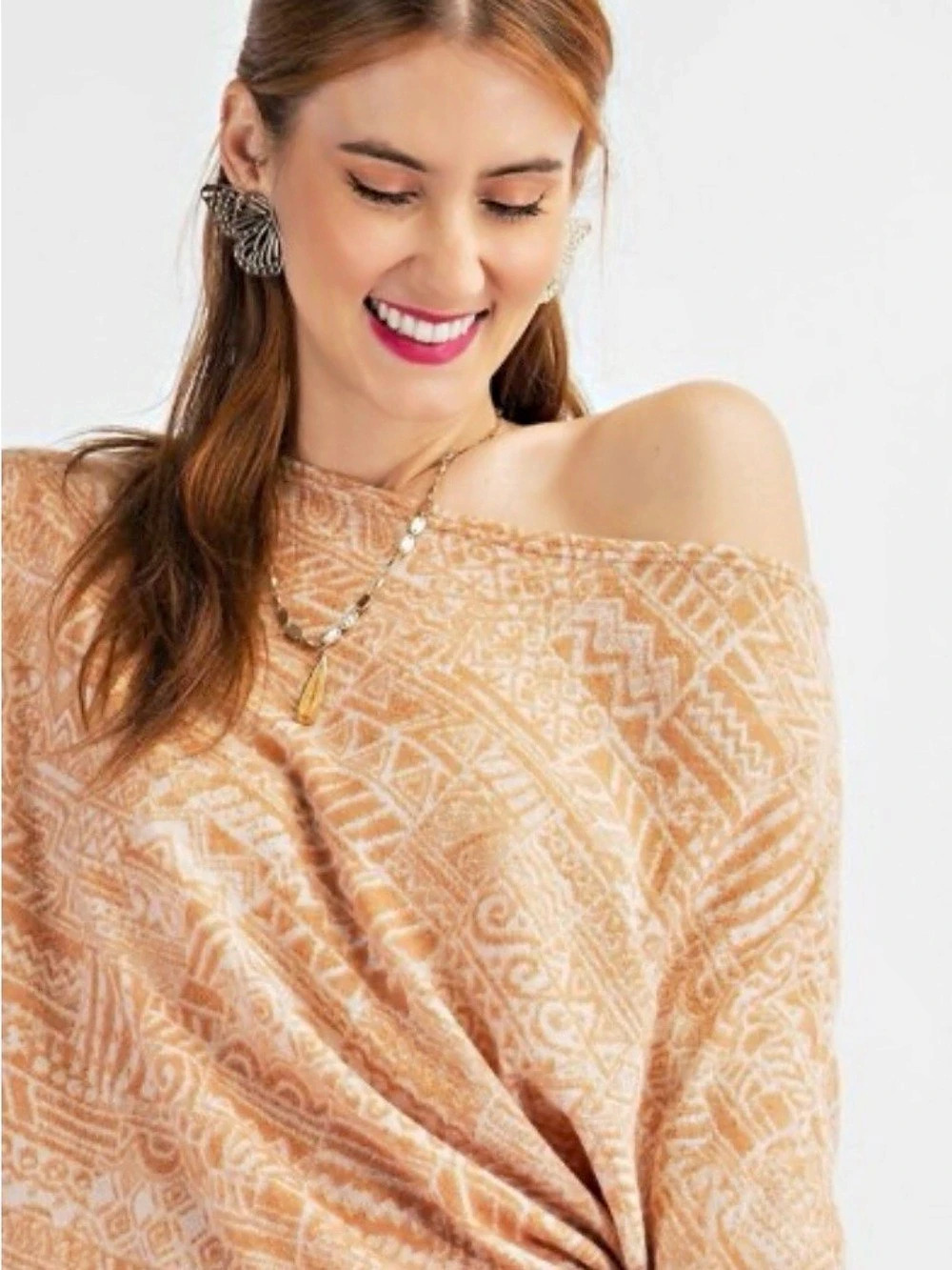 NWT EASEL TRIBAL KNOT TOP Geometric Off-Shoulder Top in Orange & White OVERSIZED
